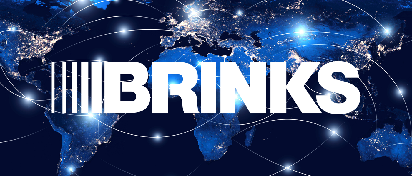 Brinks displayed over a graphic displaying an interconnected map of the world